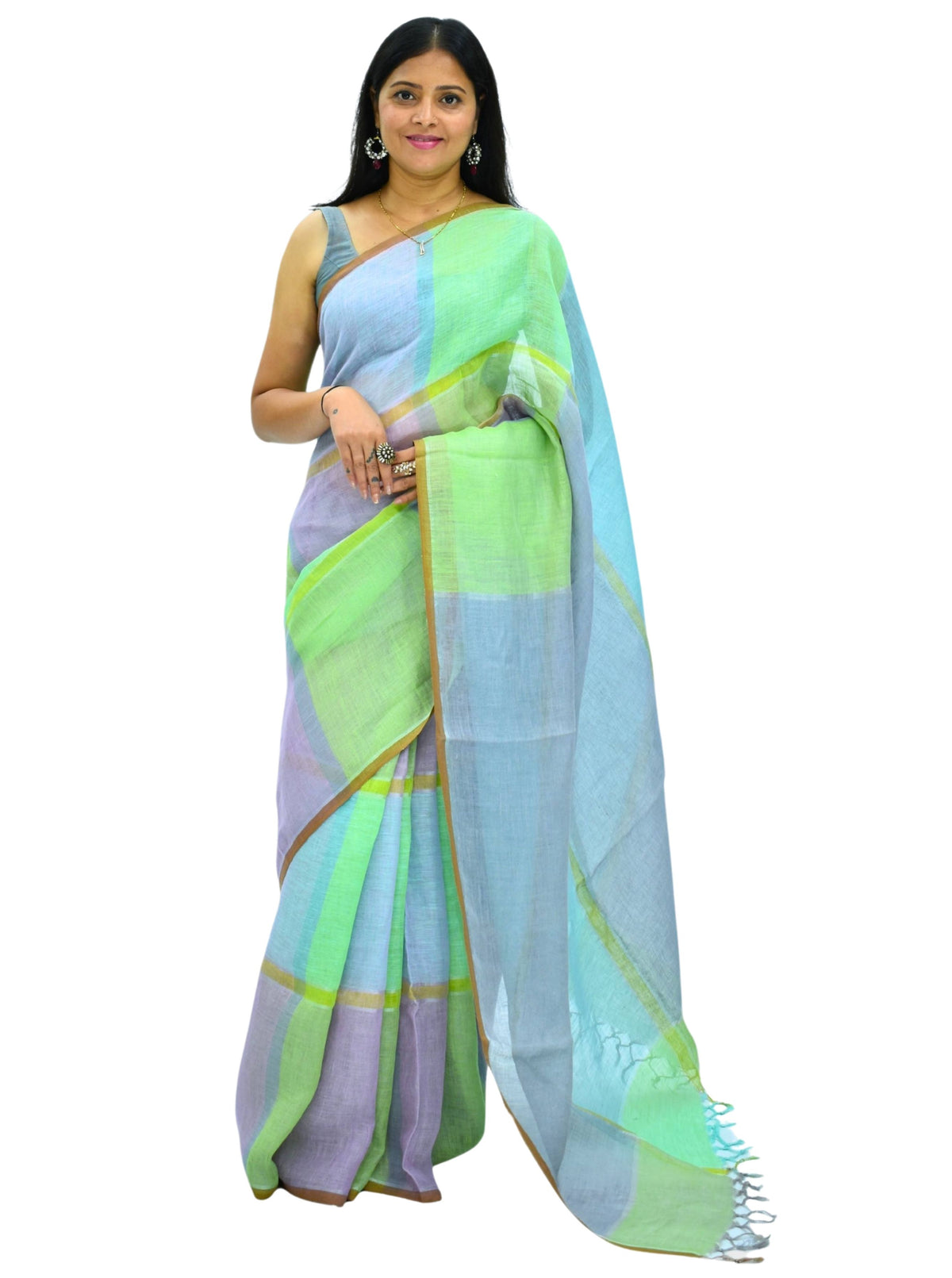 Pure Handloom Linen Multicolor Check Saree