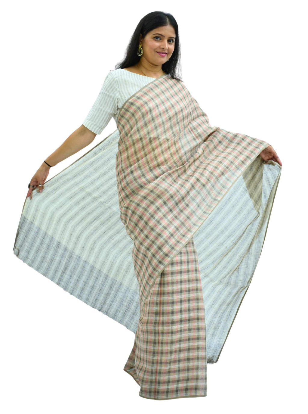 Pure Handloom Linen Beige Brown & Pink Check Saree