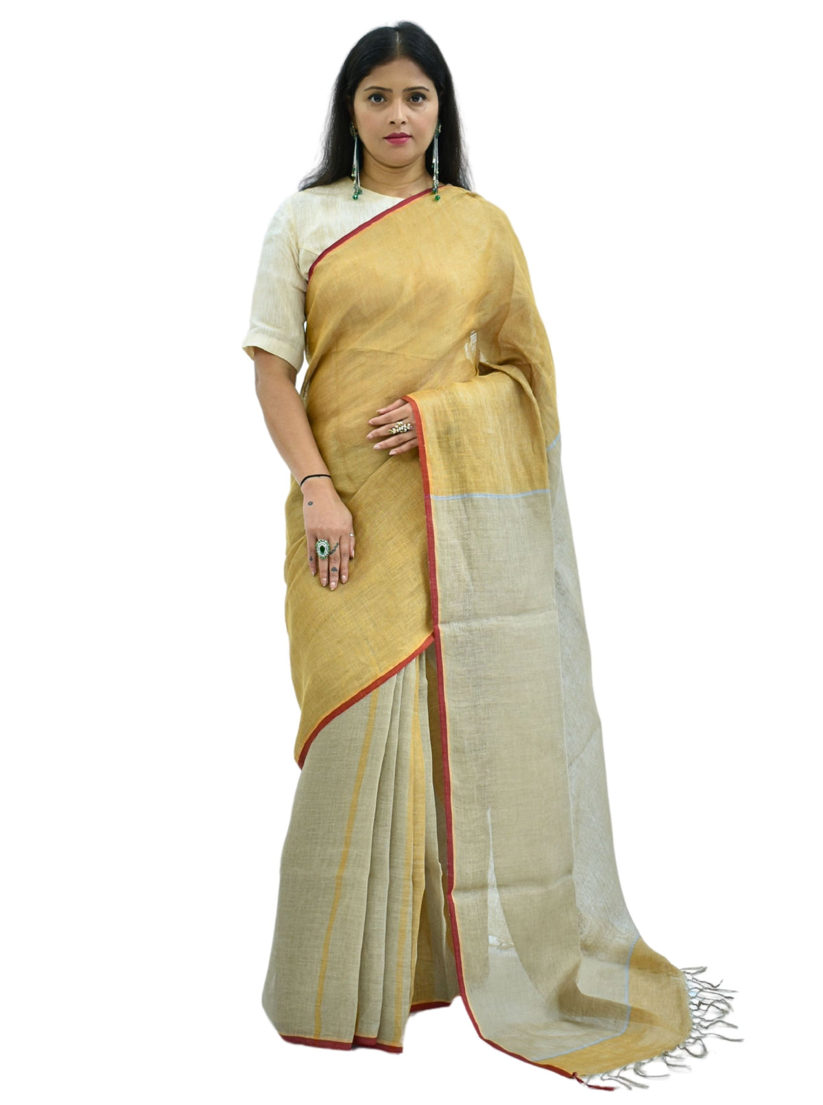 Pure Handloom Linen Beige Brown Saree