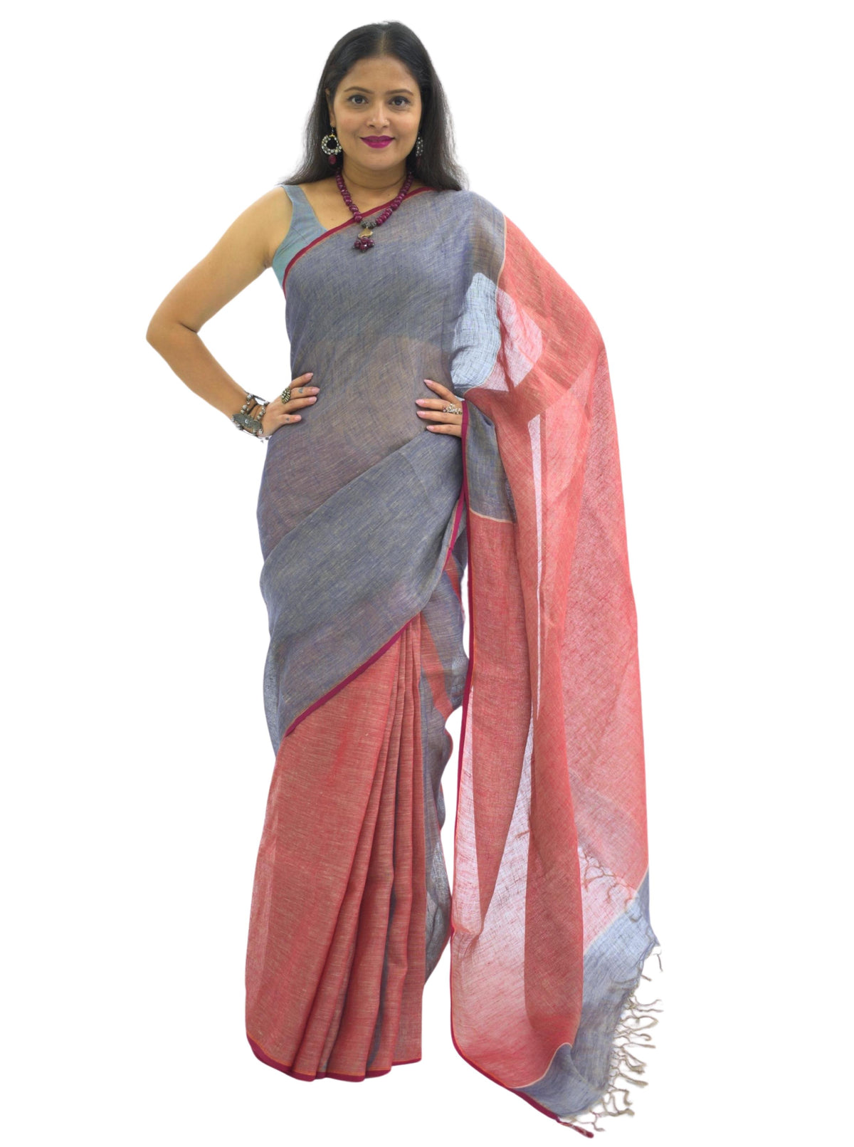 Pure Handloom Red & Orange Linen Saree