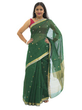 Chanderi Silk Green  Saree with Golden & Silver Border
