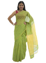 Chanderi Silk Lemon Yellow and Green Stripes Saree