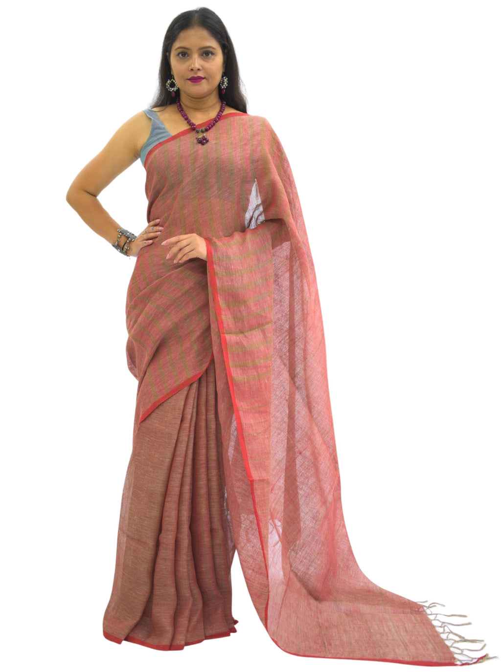 Pure Handloom Red & Brown Striped Linen Saree