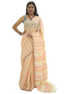 Pure Handloom Yellow, Peach & Silver Stripes Linen Saree