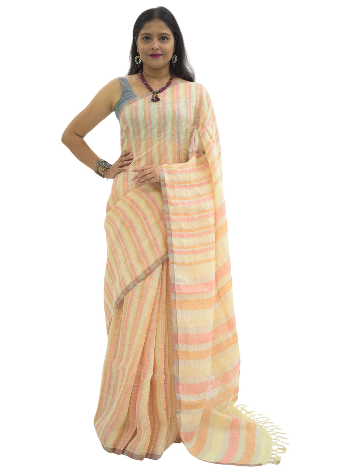 Pure Handloom Yellow, Peach & Silver Stripes Linen Saree