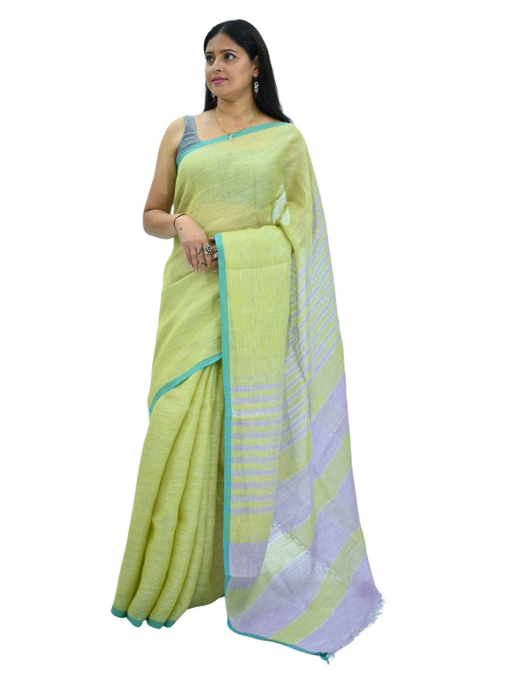 Pure Handloom Linen Lemom Green Saree