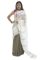 Pure Handloom Linen Olive Green & White Tie Dye Saree