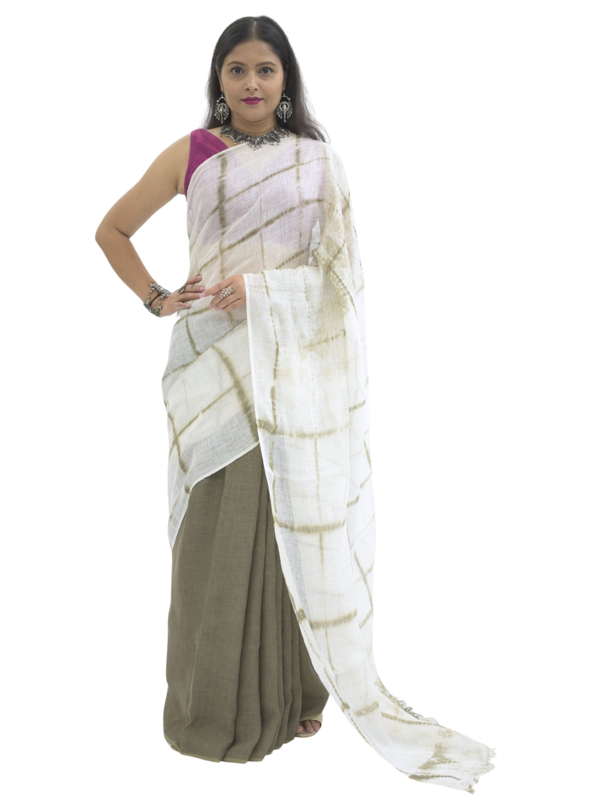 Pure Handloom Linen Olive Green & White Tie Dye Saree
