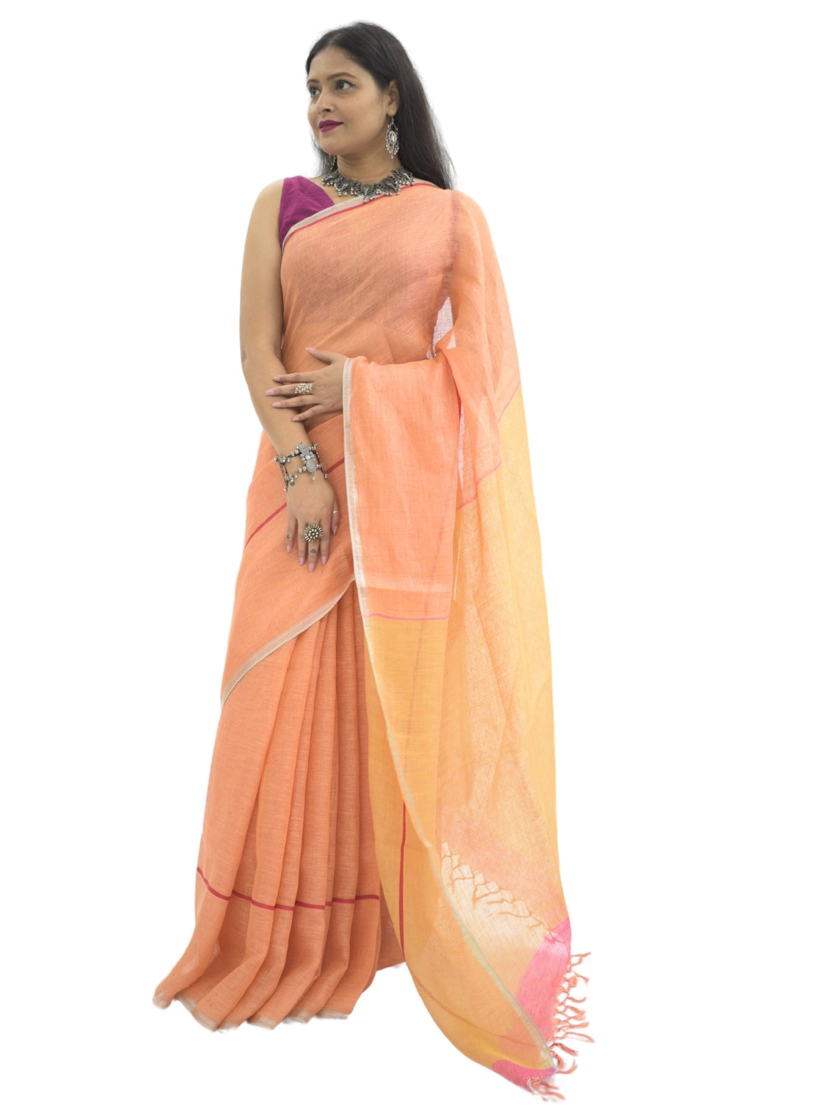 Pure Handloom Peach Linen Saree