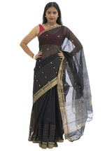 Chanderi Silk Black  Saree with Golden Zari Stripes Border