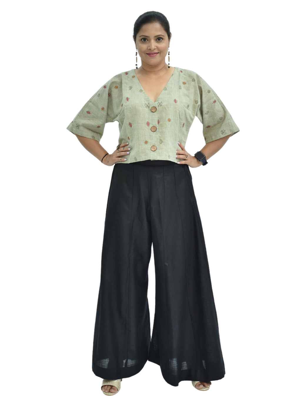 Pure Handloom Cotton Linen Earthy Green Color Hand embroidered Top