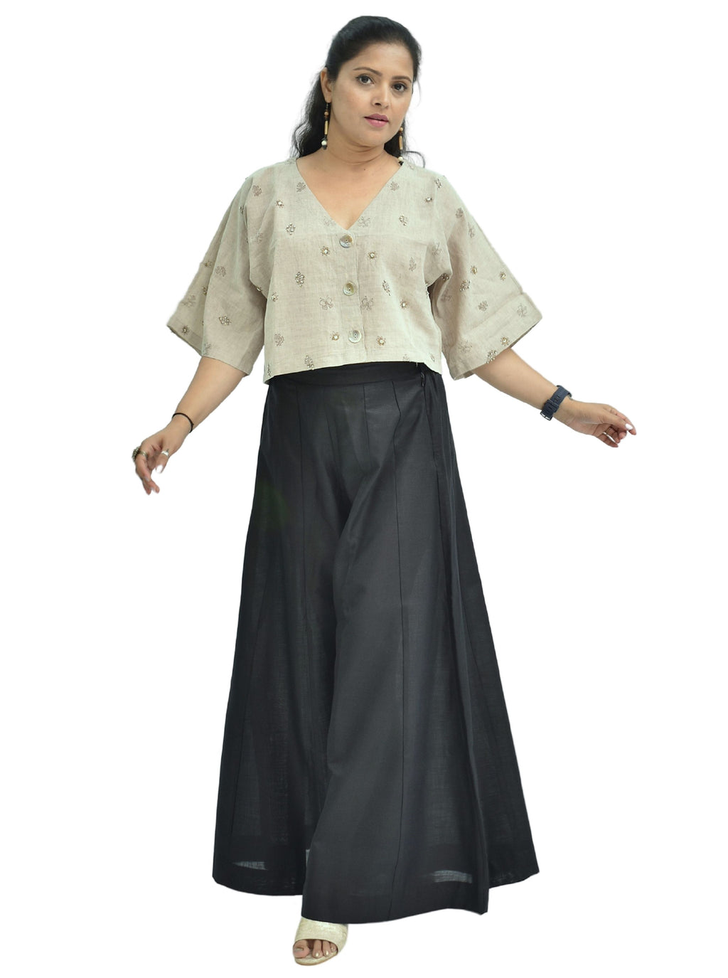 Pure Handloom Cotton Linen Soil Beige Color Hand embroidered Top