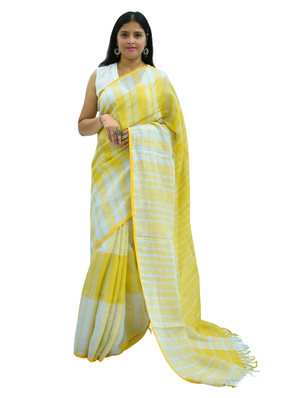 Pure Handloom Linen White & Yellow Saree