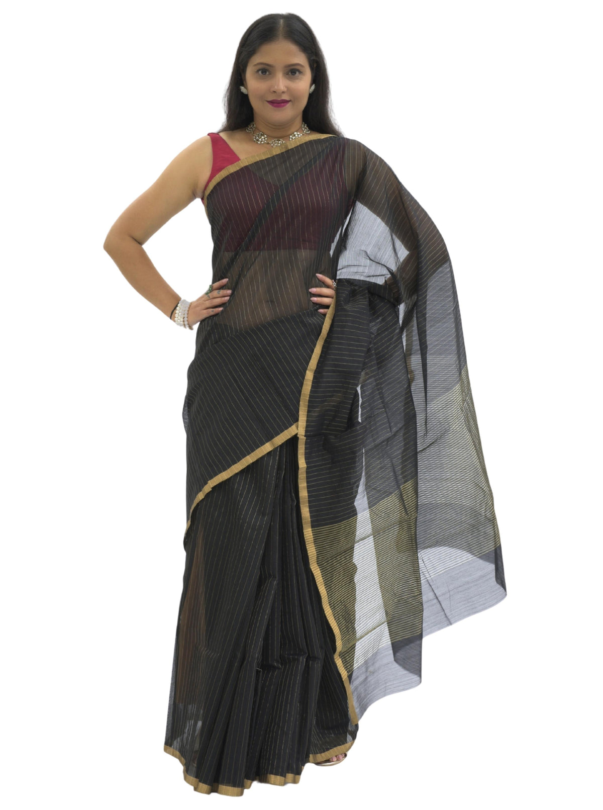 Chanderi Silk Black  Saree with Golden Zari Stripes