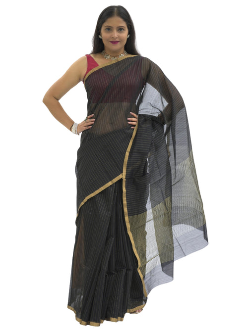 Chanderi Silk Black  Saree with Golden Zari Stripes
