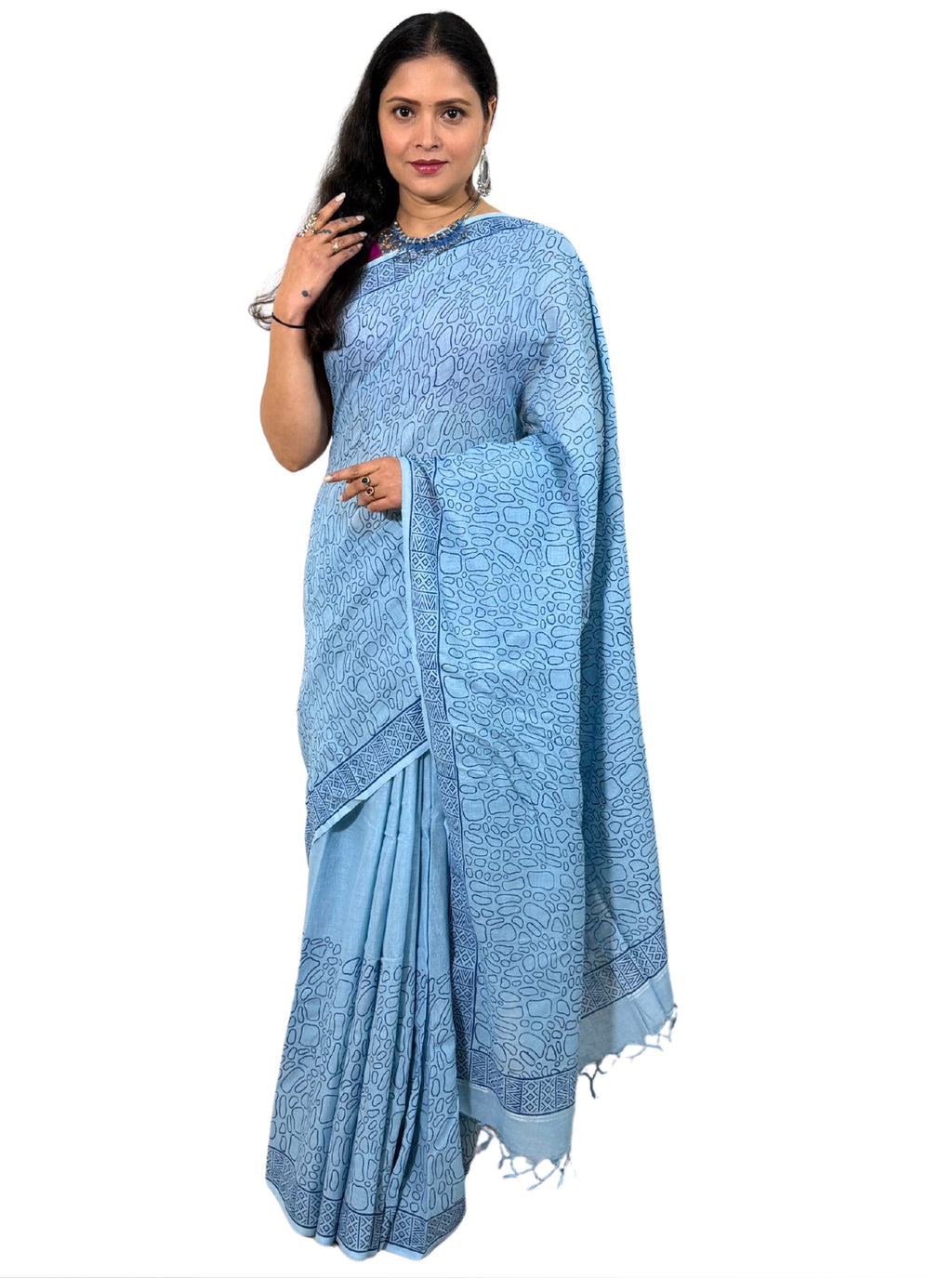 Handloom cotton linen sky blue jaal hand block print saree with blouse