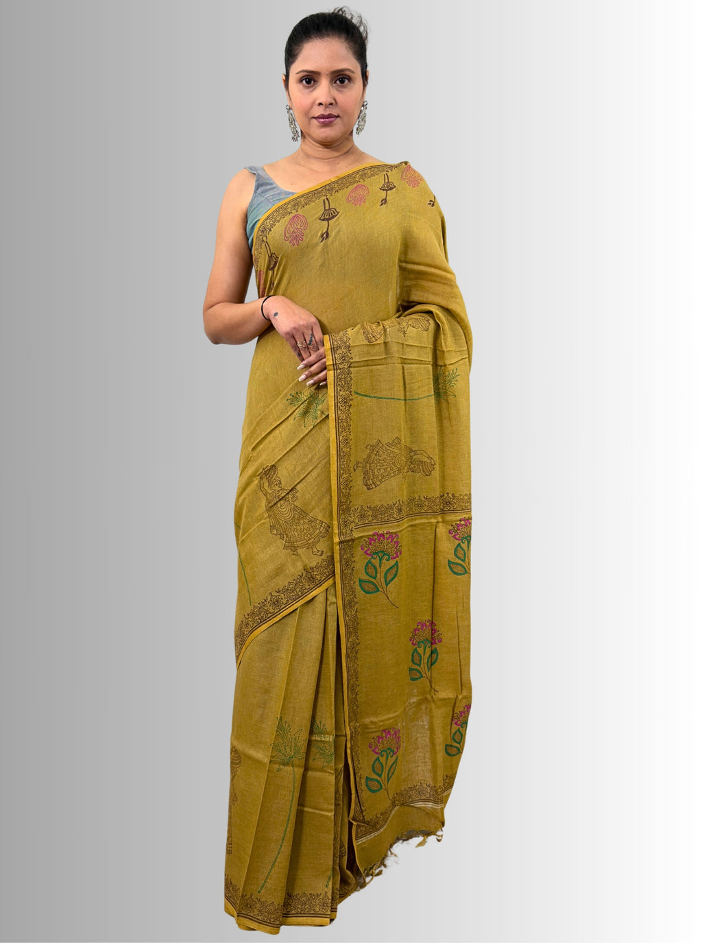 handloom cotton linen white motif block print saree with attached blouse