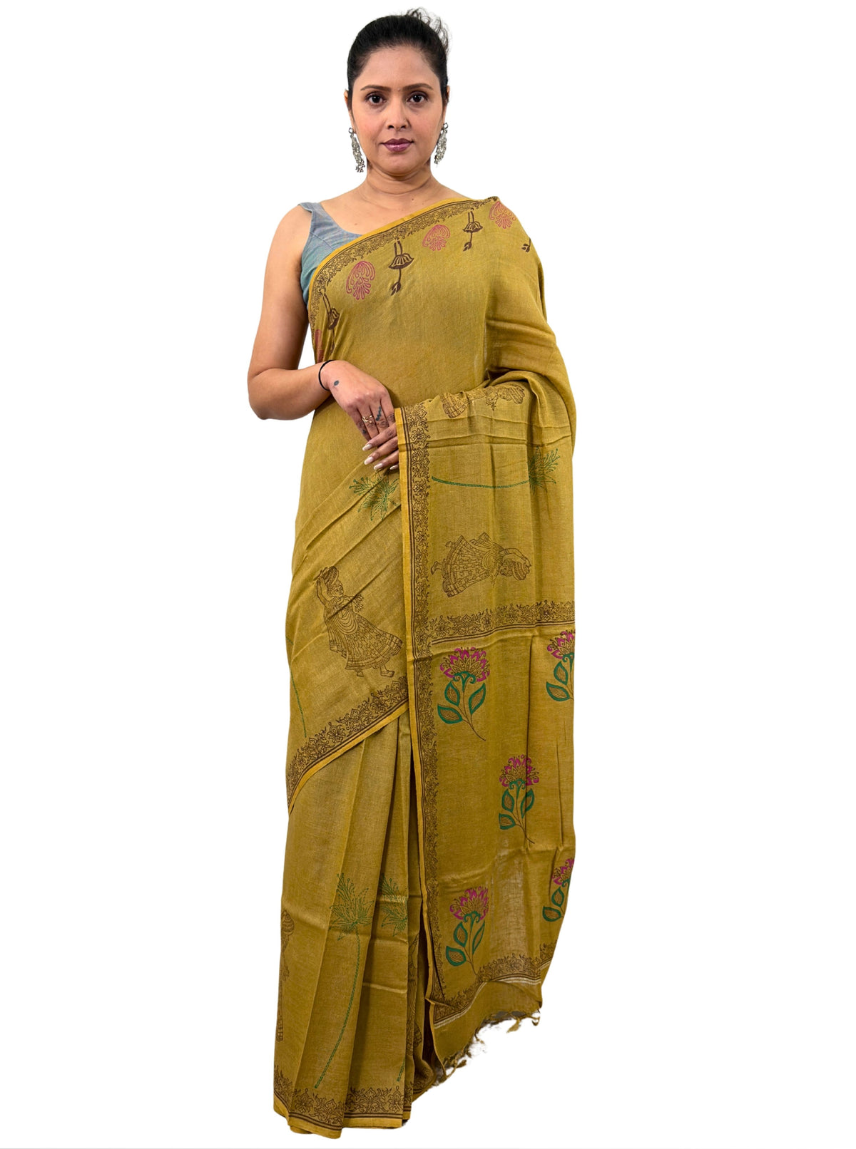 handloom cotton linen white motif block print saree with attached blouse
