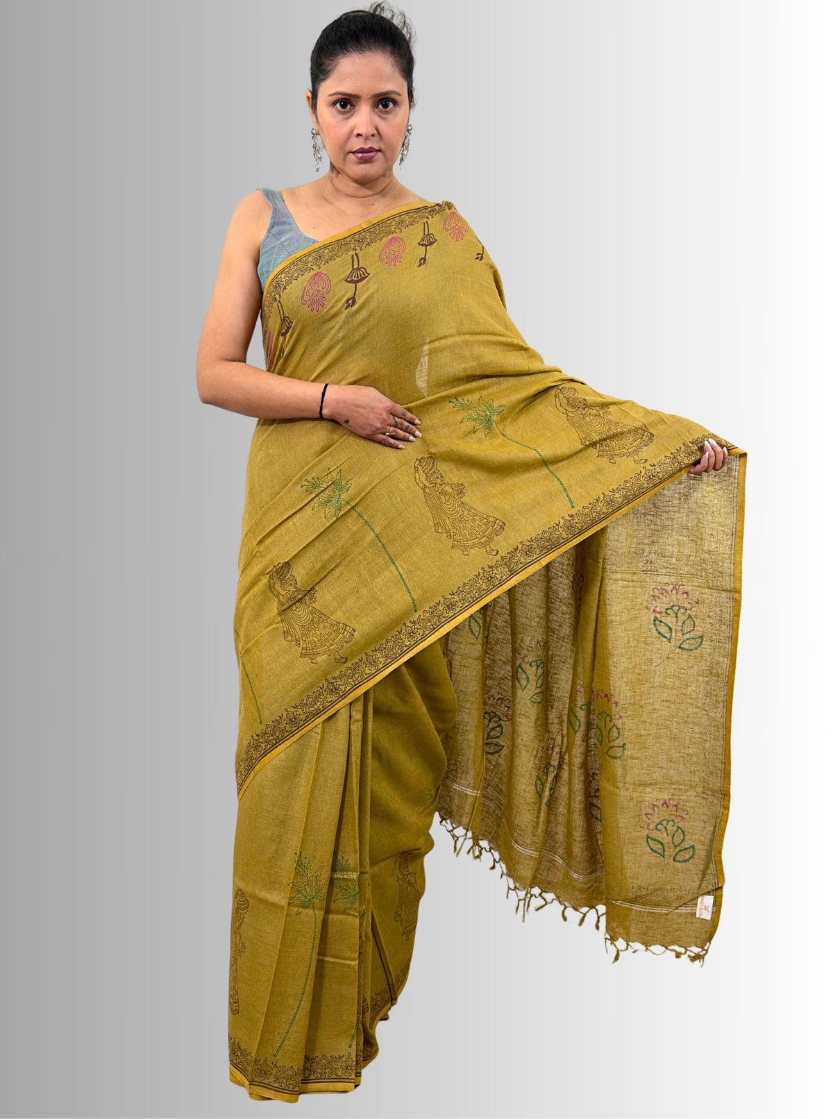 handloom cotton linen white motif block print saree with attached blouse