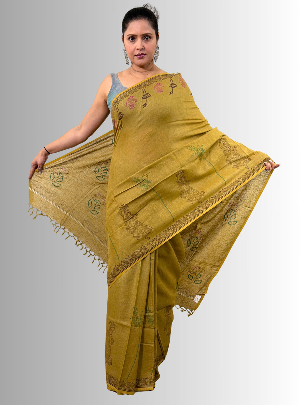 handloom cotton linen white motif block print saree with attached blouse