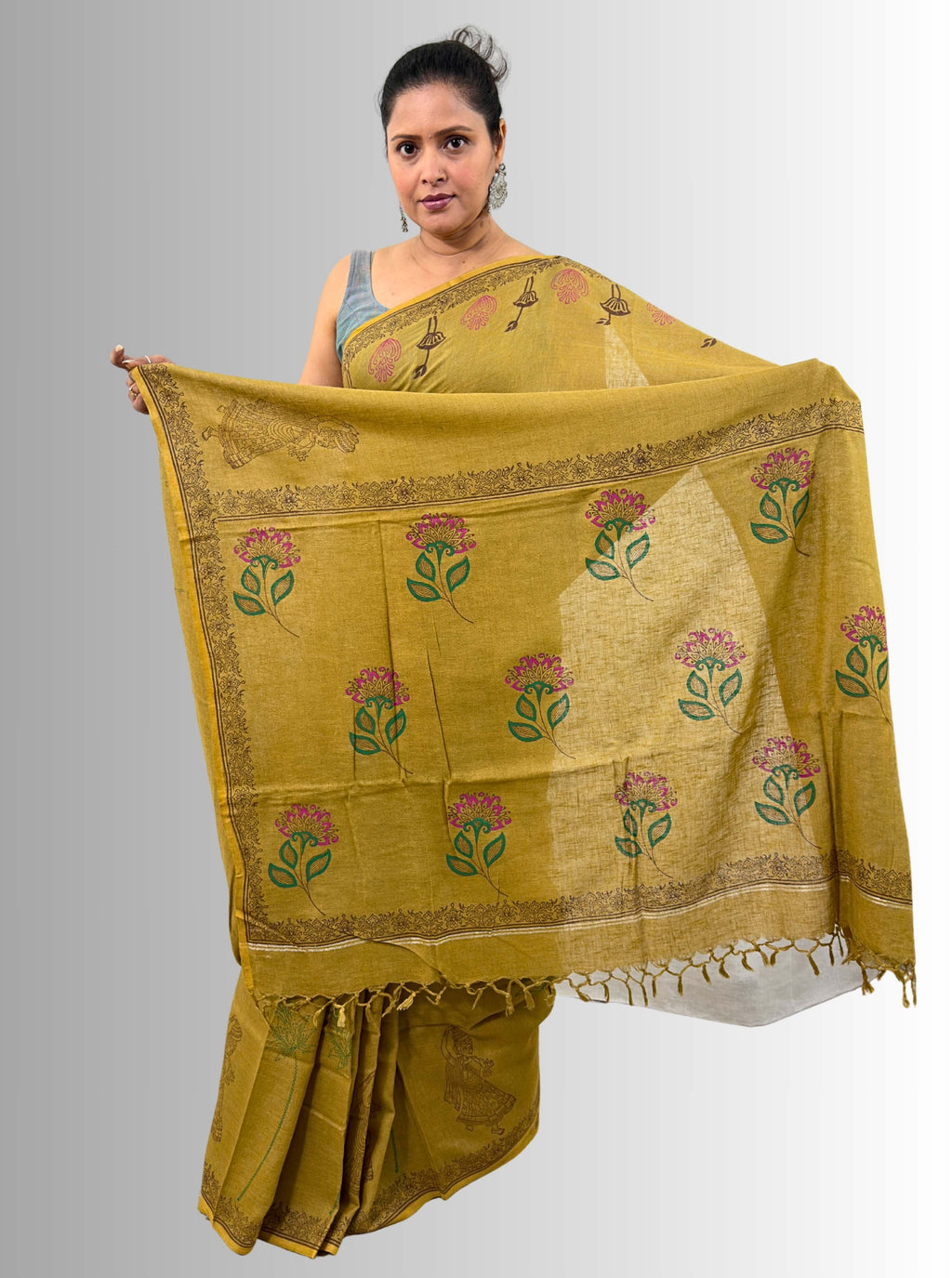 handloom cotton linen white motif block print saree with attached blouse