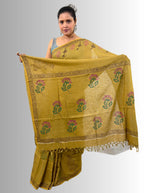 handloom cotton linen white motif block print saree with attached blouse