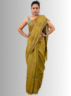 handloom cotton linen white motif block print saree with attached blouse