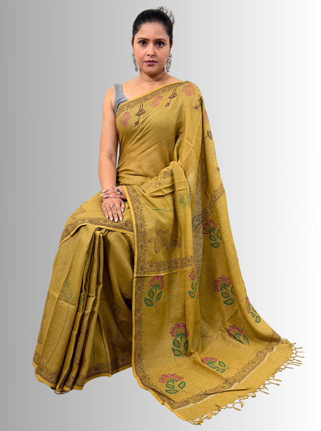 handloom cotton linen white motif block print saree with attached blouse