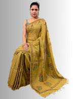 handloom cotton linen white motif block print saree with attached blouse