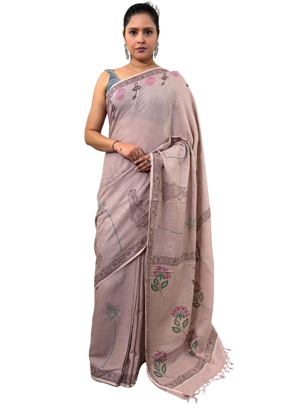 handloom cotton linen white motif block print saree with attached blouse