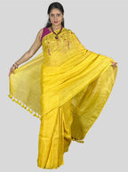 mango yellow handloom linen saree with hand embroiedry and attached blouse