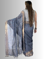 handloom linen Grey saree with jaal work hand embroiedry