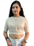 Handloom Golden Striped Tissue Linen Blouse with Round Neck and Back Wooden Buttons