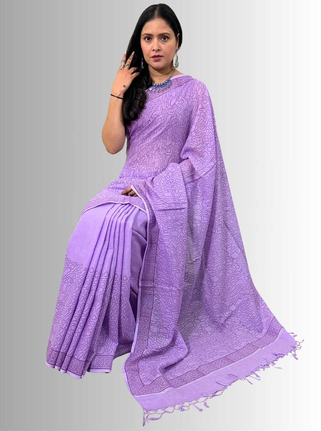 Handloom cotton linen lilac jaal hand block print saree with blouse