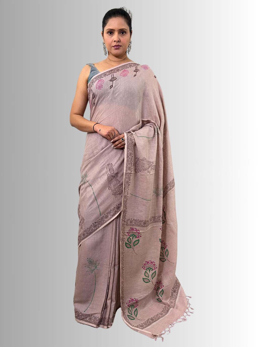 handloom cotton linen white motif block print saree with attached blouse