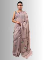 handloom cotton linen white motif block print saree with attached blouse