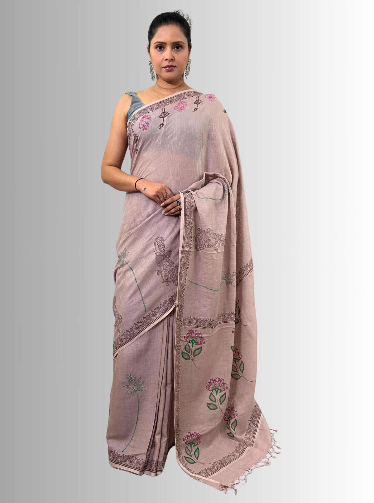 handloom cotton linen white motif block print saree with attached blouse