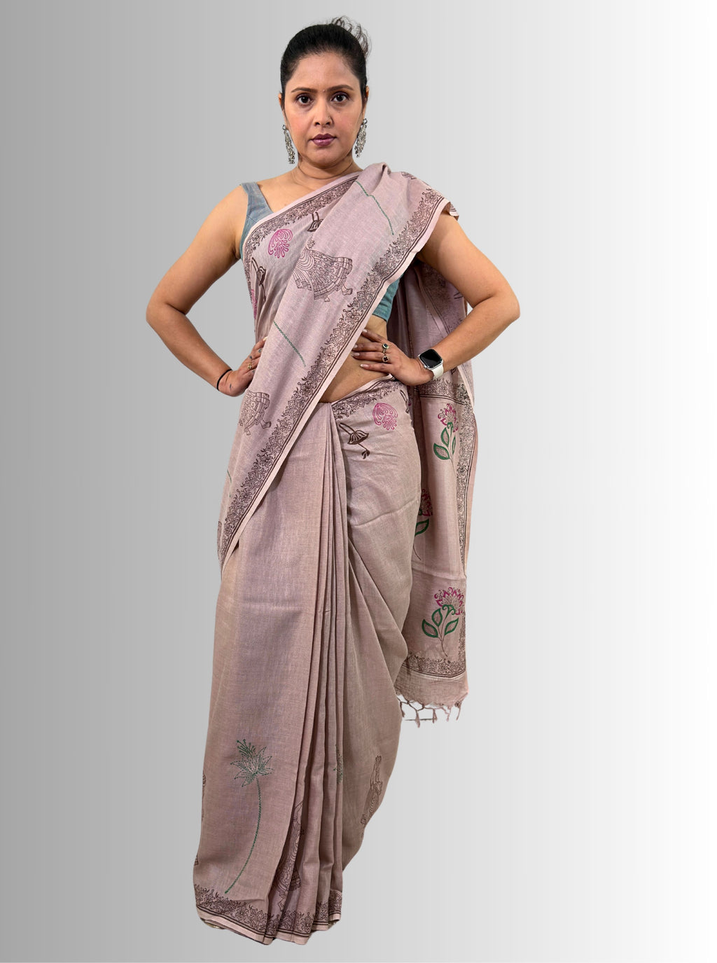 handloom cotton linen white motif block print saree with attached blouse