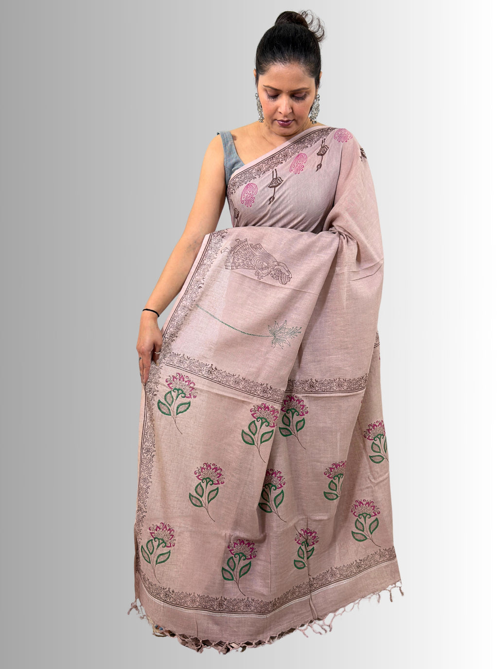 handloom cotton linen white motif block print saree with attached blouse