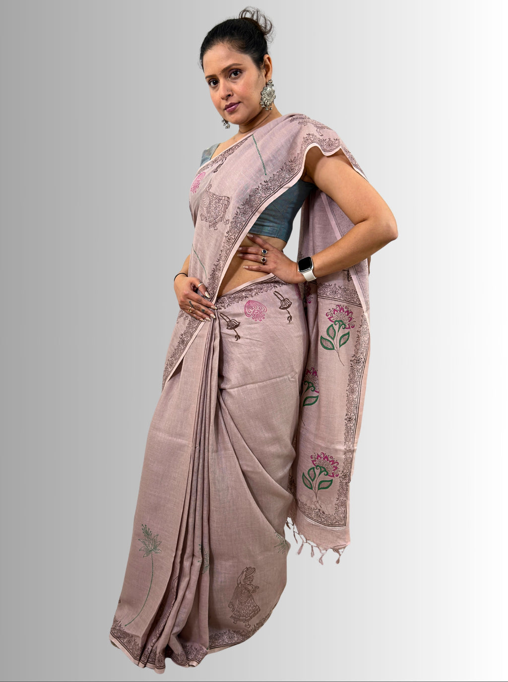 handloom cotton linen white motif block print saree with attached blouse