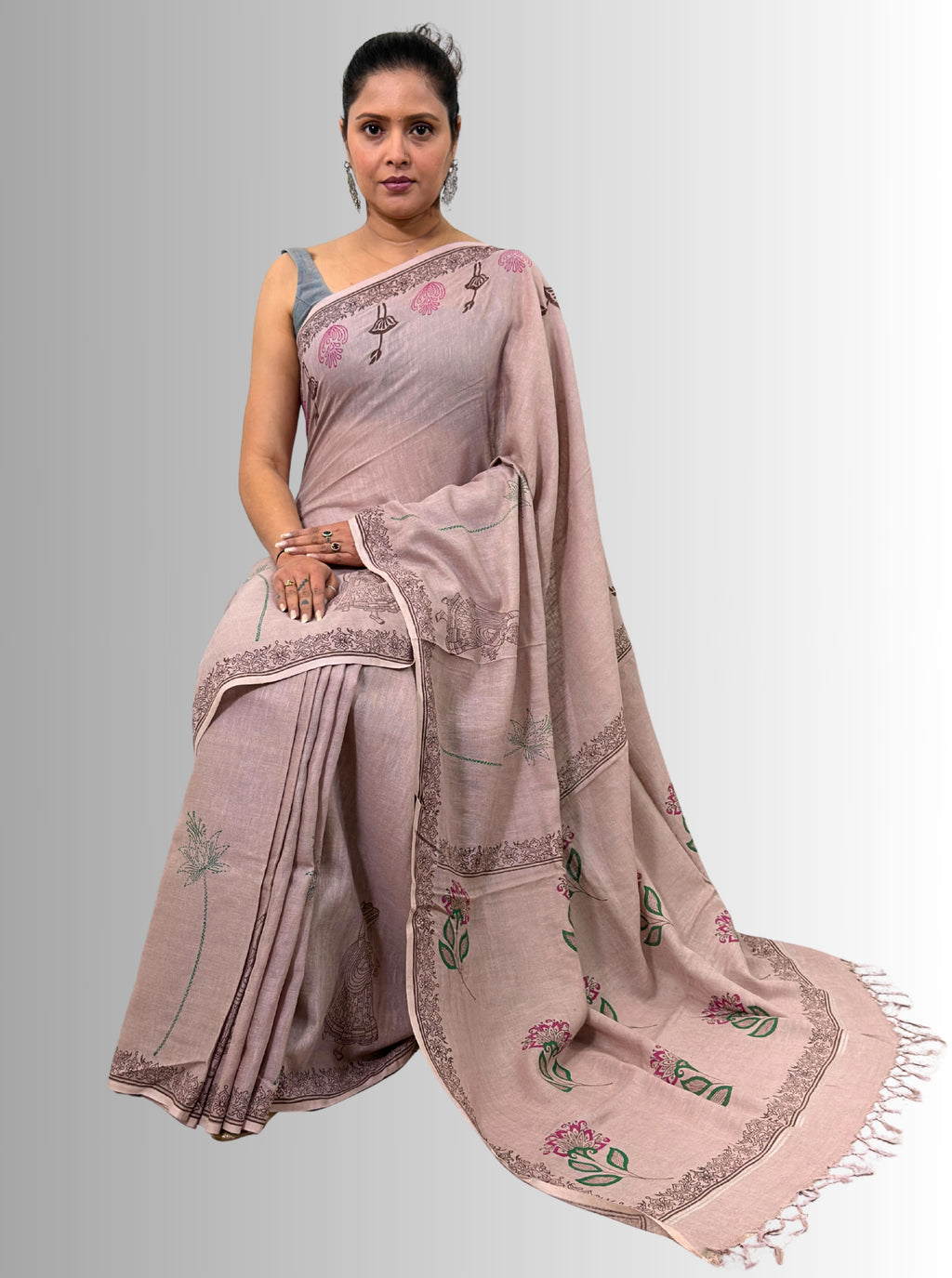 handloom cotton linen white motif block print saree with attached blouse