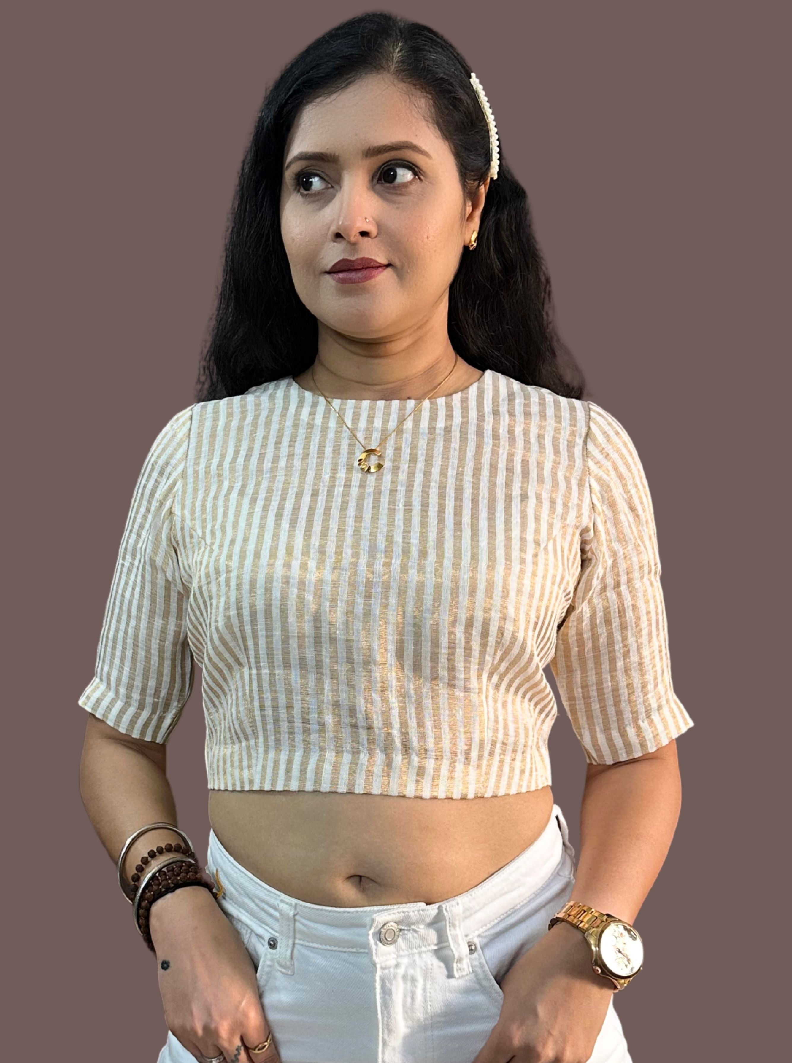 Handloom Golden Striped Tissue Linen Blouse with Round Neck and Back Wooden Buttons