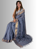 handloom linen Grey saree with jaal work hand embroiedry