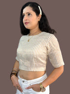 Handloom Golden Striped Tissue Linen Blouse with Round Neck and Back Wooden Buttons