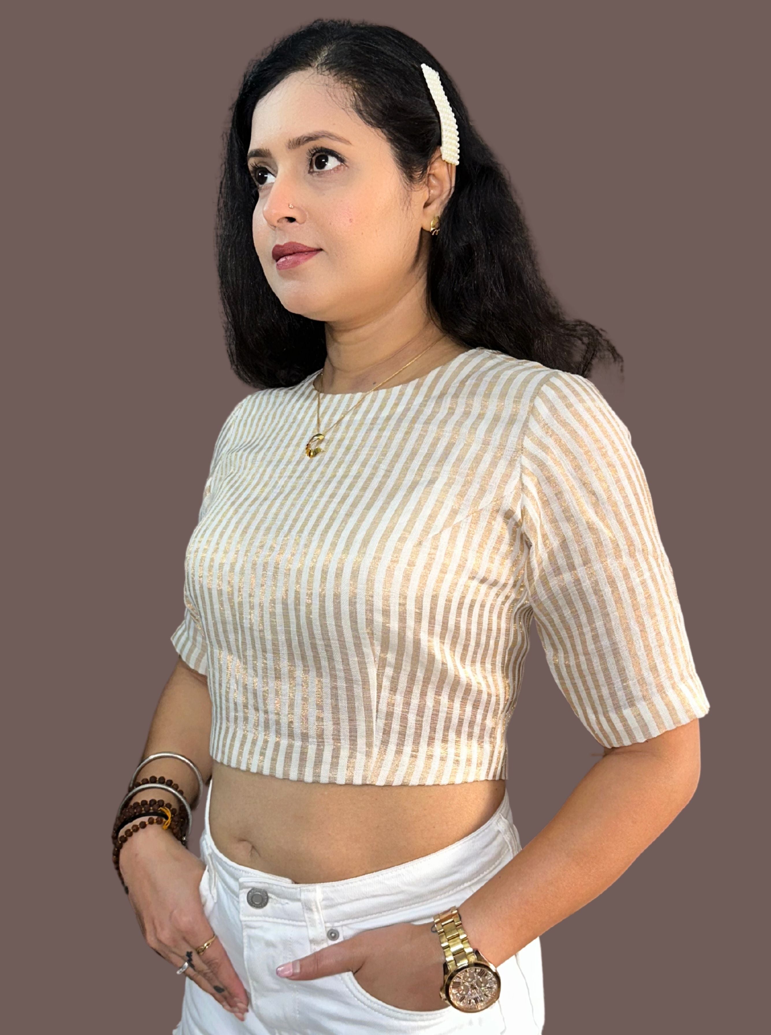Handloom Golden Striped Tissue Linen Blouse with Round Neck and Back Wooden Buttons