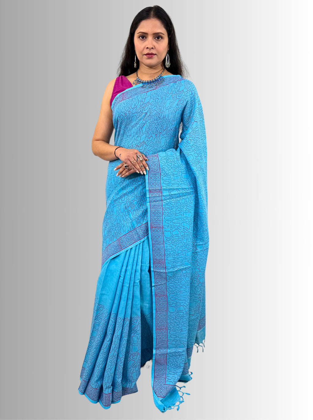 Handloom Cotton Linen Turquoise Hand Block Print Saree with Blouse