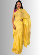 mango yellow handloom saree with hand embroiedry with blouse