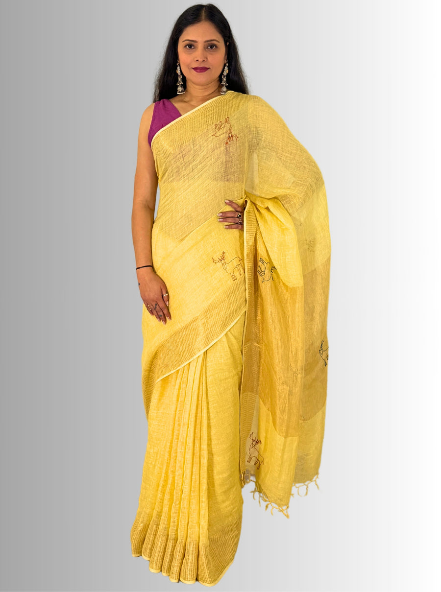 mango yellow handloom saree with hand embroiedry with blouse