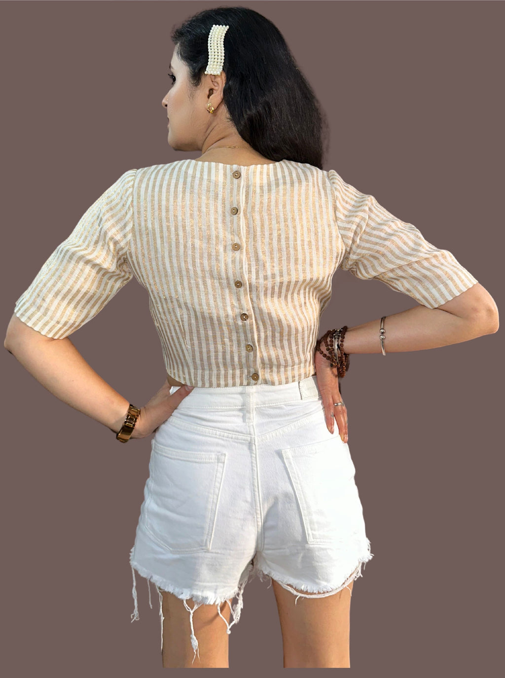 Handloom Golden Striped Tissue Linen Blouse with Round Neck and Back Wooden Buttons