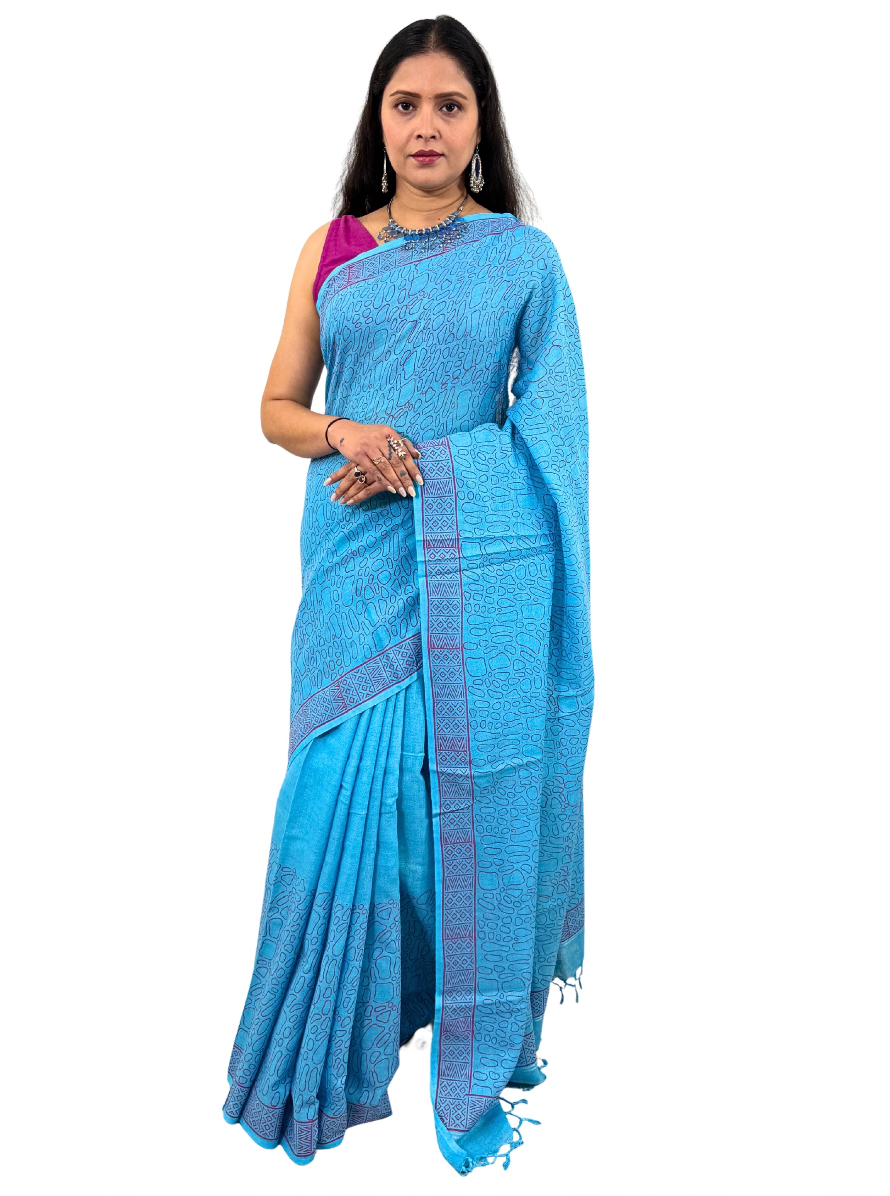 Handloom Cotton Linen Turquoise Hand Block Print Saree with Blouse